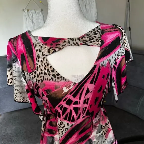 Y2k pink cheetah print handkerchief top sz m - Picture 6 of 8